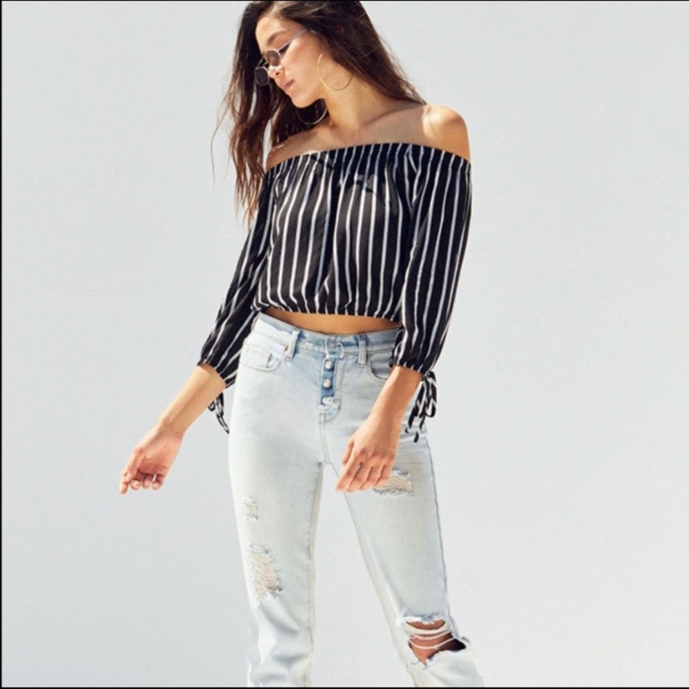 PACSUN striped off the shoulder tie sleeve top